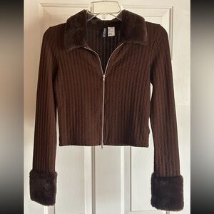 NWOT H&M Faux Fur Trimmed Zip Up Cardigan